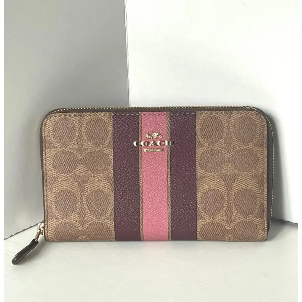 Coach Medium Zip Wallet Brown Signature Canvas Varsity Stripe ID CBO79